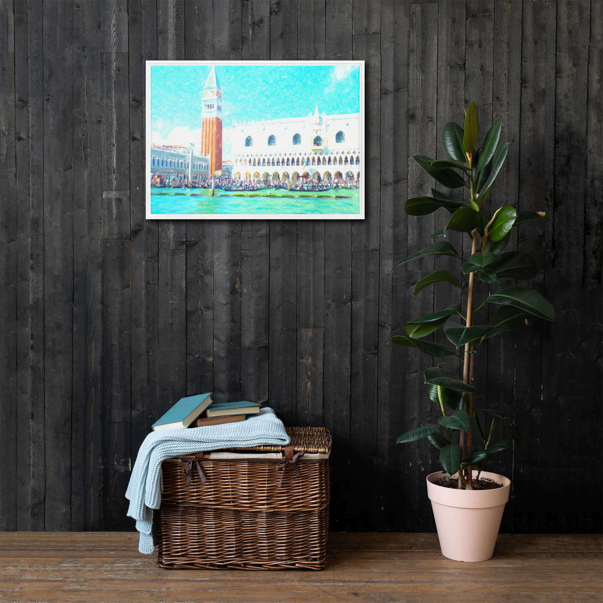 Piazza San Marco Venezia Campanile e Palazzo Ducale laguna gondole quadro su tela cornice Marco Consiglio repaint artistico
