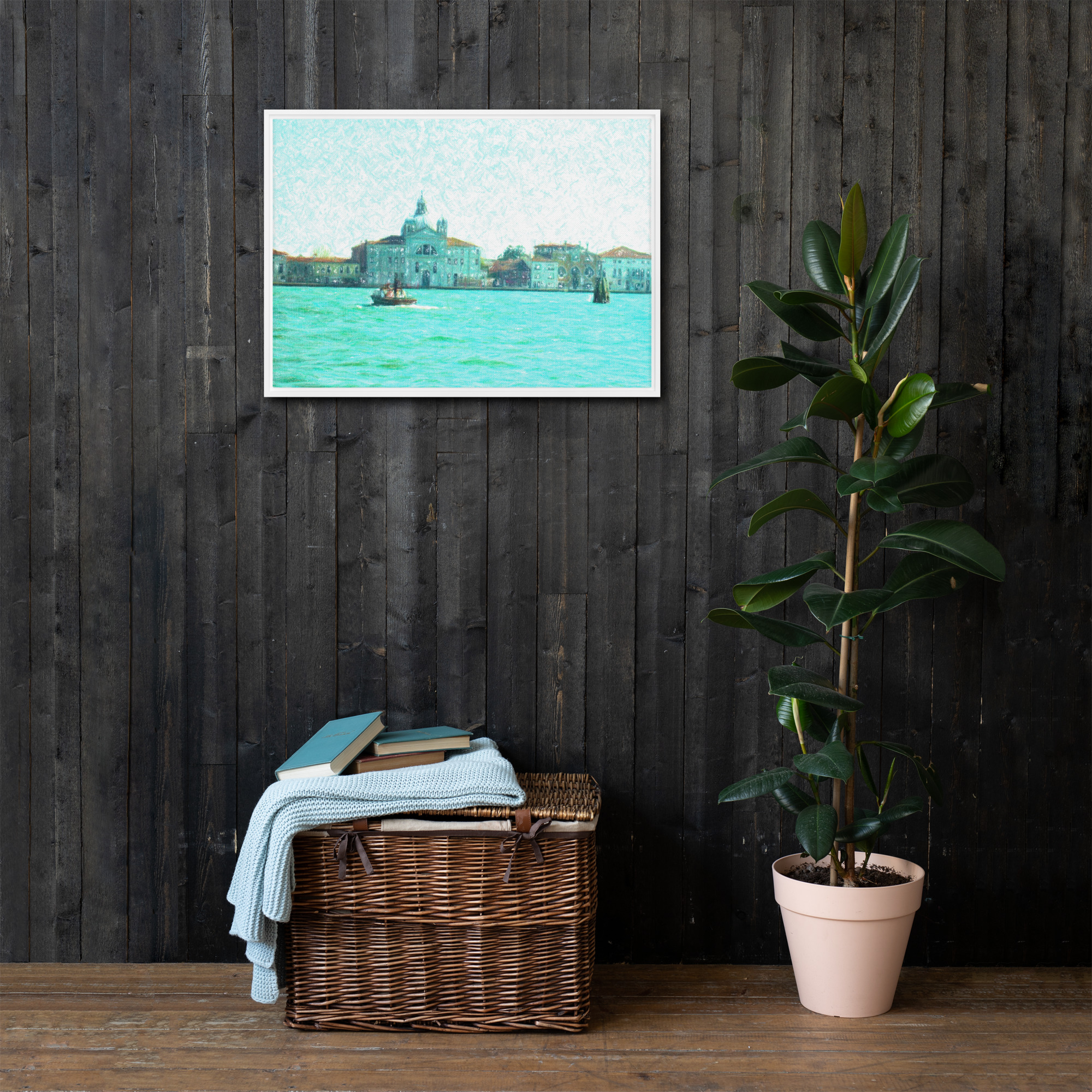 Canale della Giudecca San Giorgio Venezia barca laguna veneziana quadro tela con cornice repaint Marco Consiglio