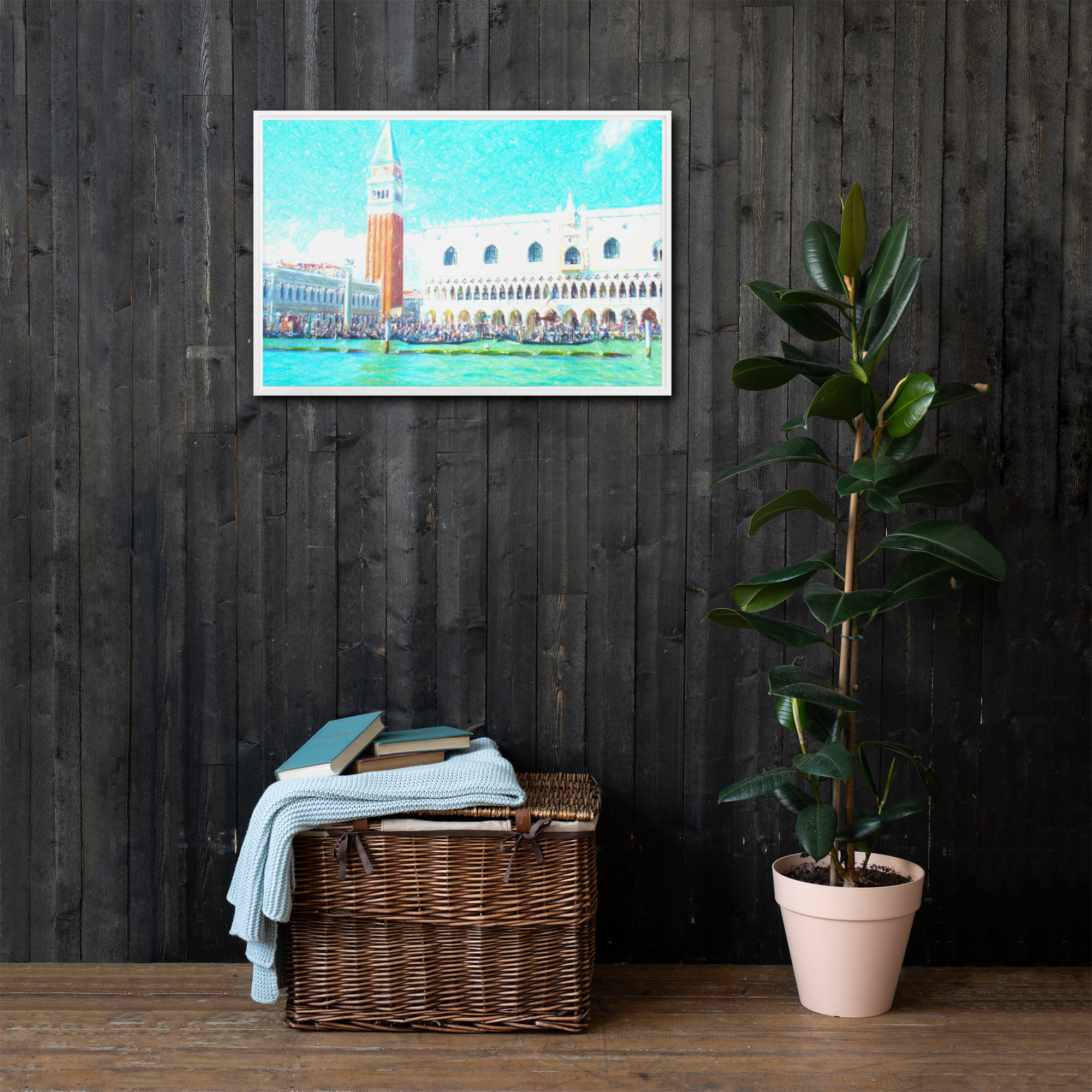 Piazza San Marco Venezia Campanile e Palazzo Ducale laguna gondole quadro su tela cornice Marco Consiglio repaint artistico