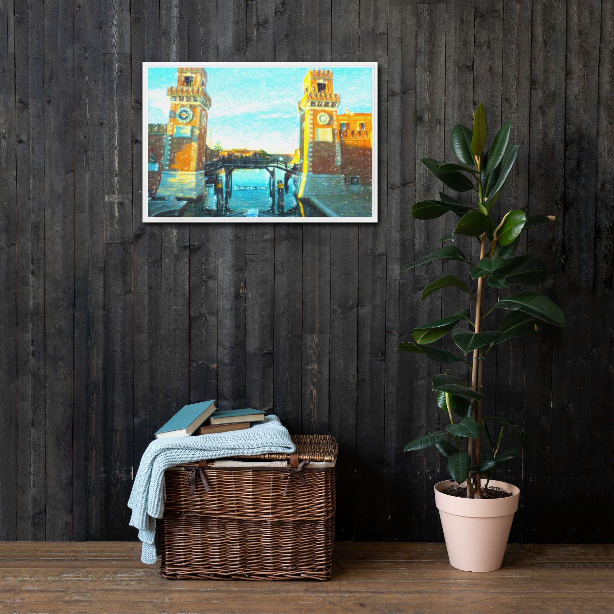 Torri dell Arsenale Venezia canale ponte storico quadro su tela con cornice repaint gessetto matita Marco Consiglio