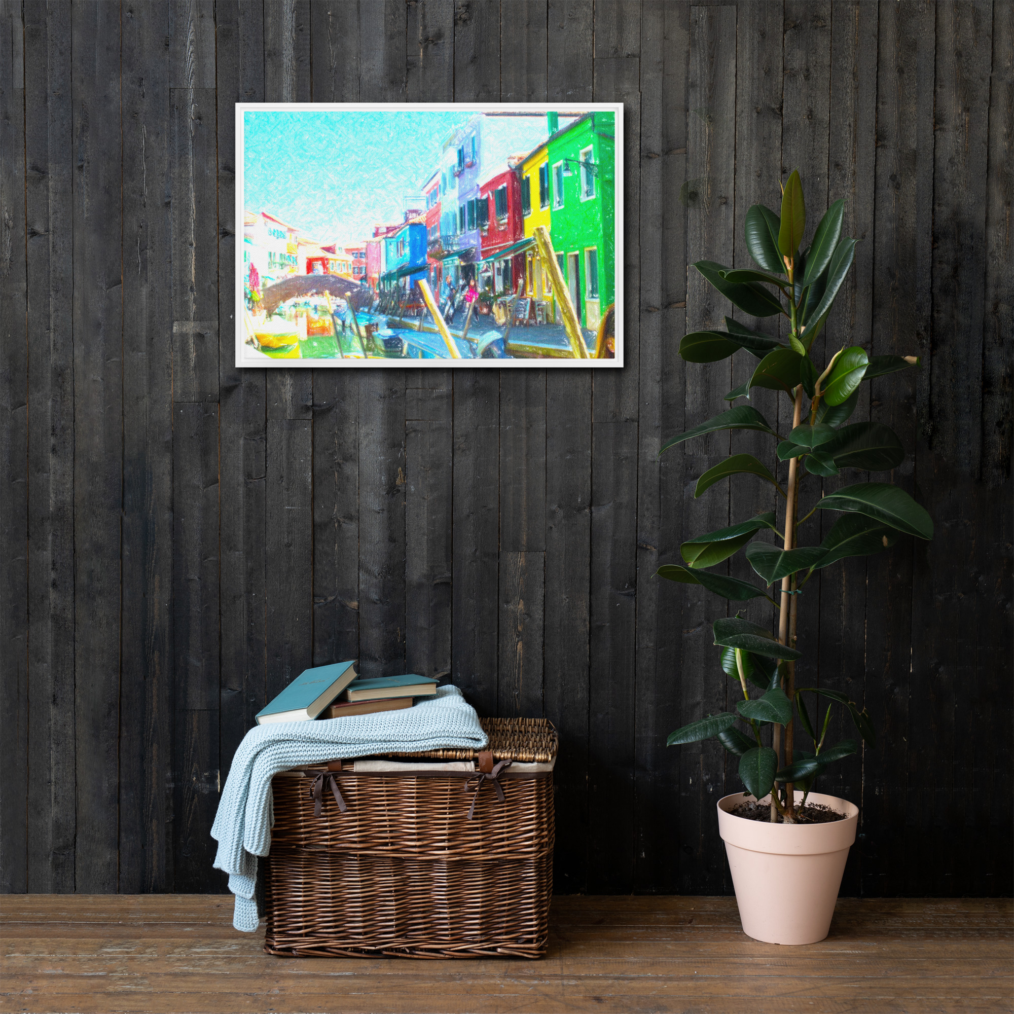 Burano Venezia case colorate canale barche ormeggiate quadro tela con cornice pino repaint pittorico d autore Marco Consiglio