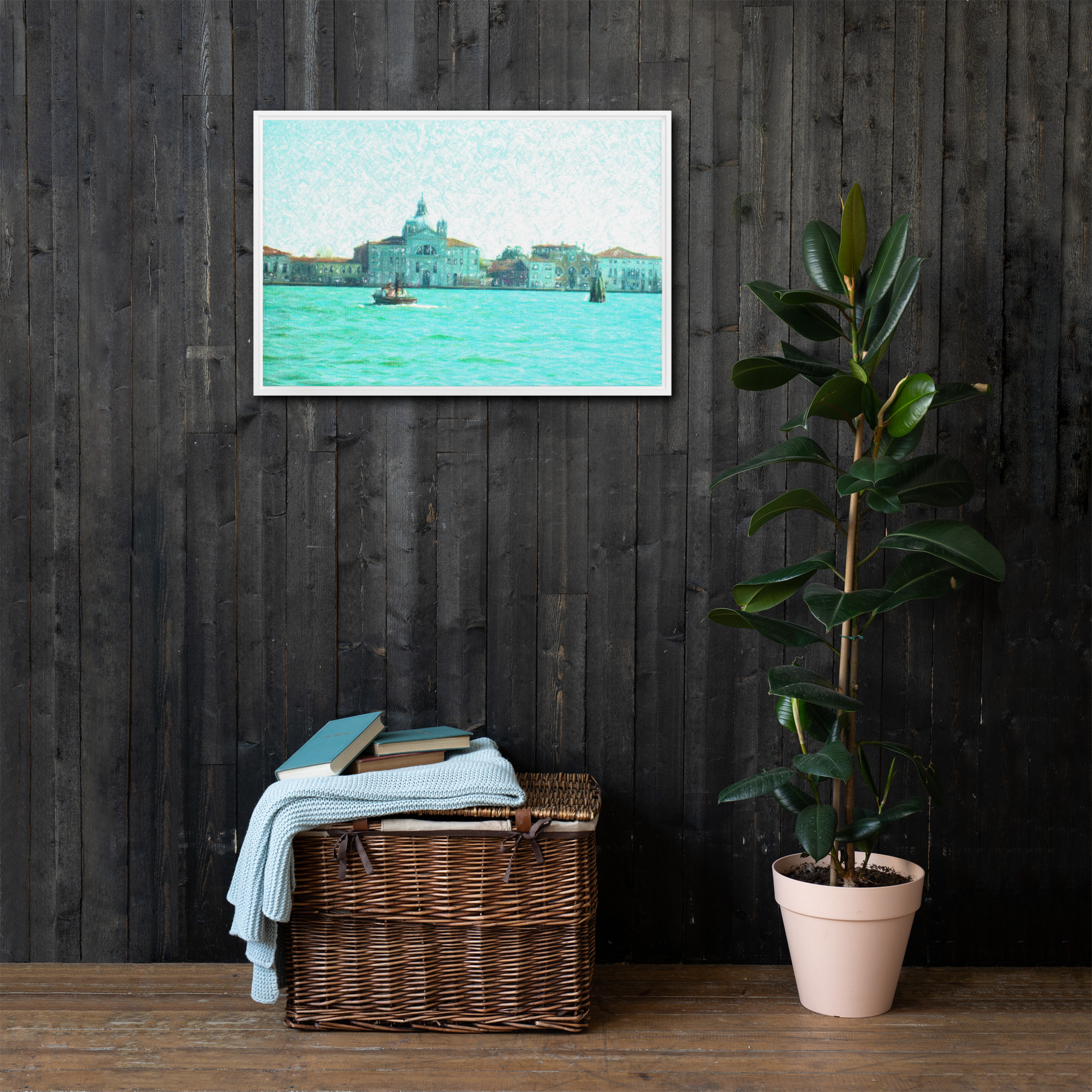 Canale della Giudecca San Giorgio Venezia barca laguna veneziana quadro tela con cornice repaint Marco Consiglio