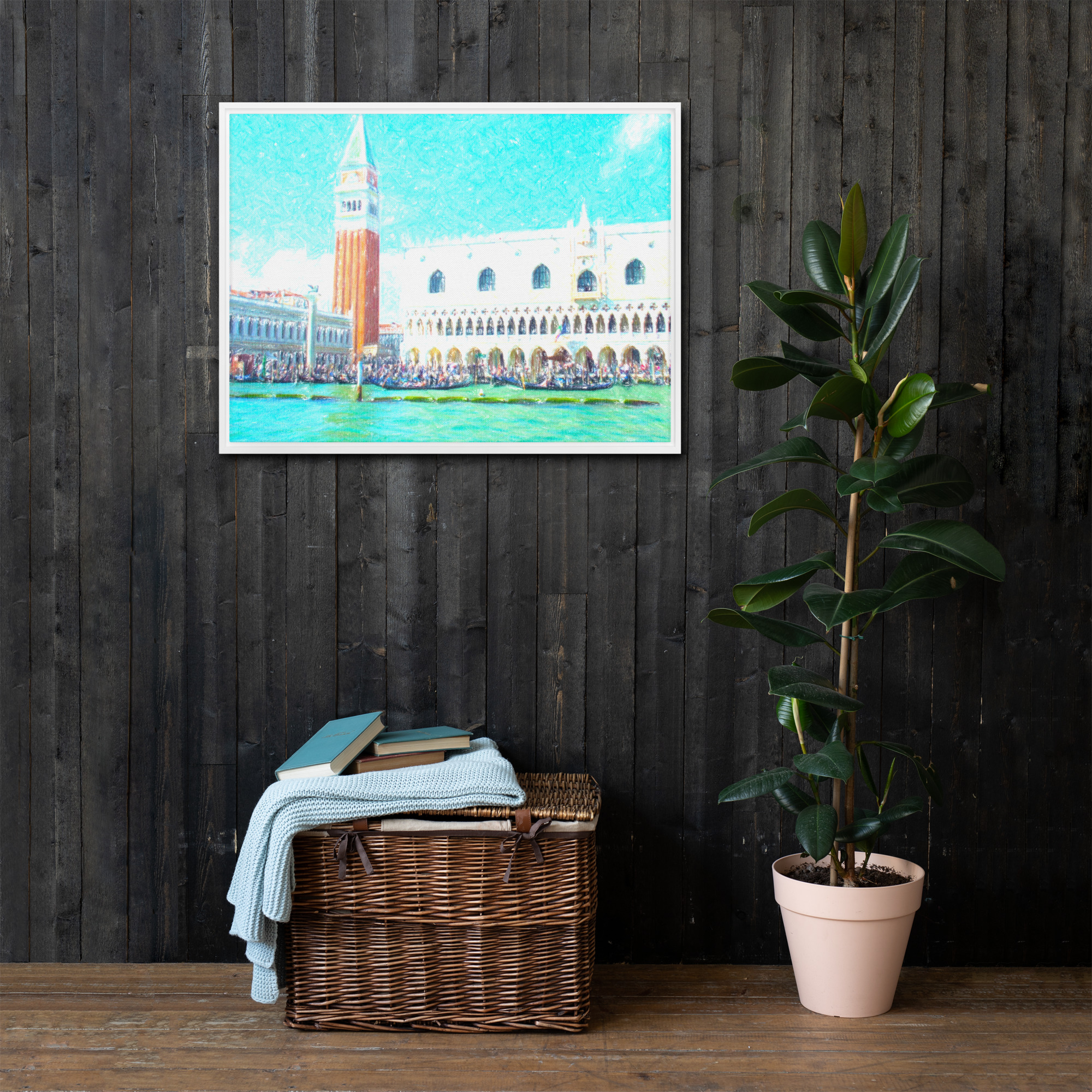 Piazza San Marco Venezia Campanile e Palazzo Ducale laguna gondole quadro su tela cornice Marco Consiglio repaint artistico