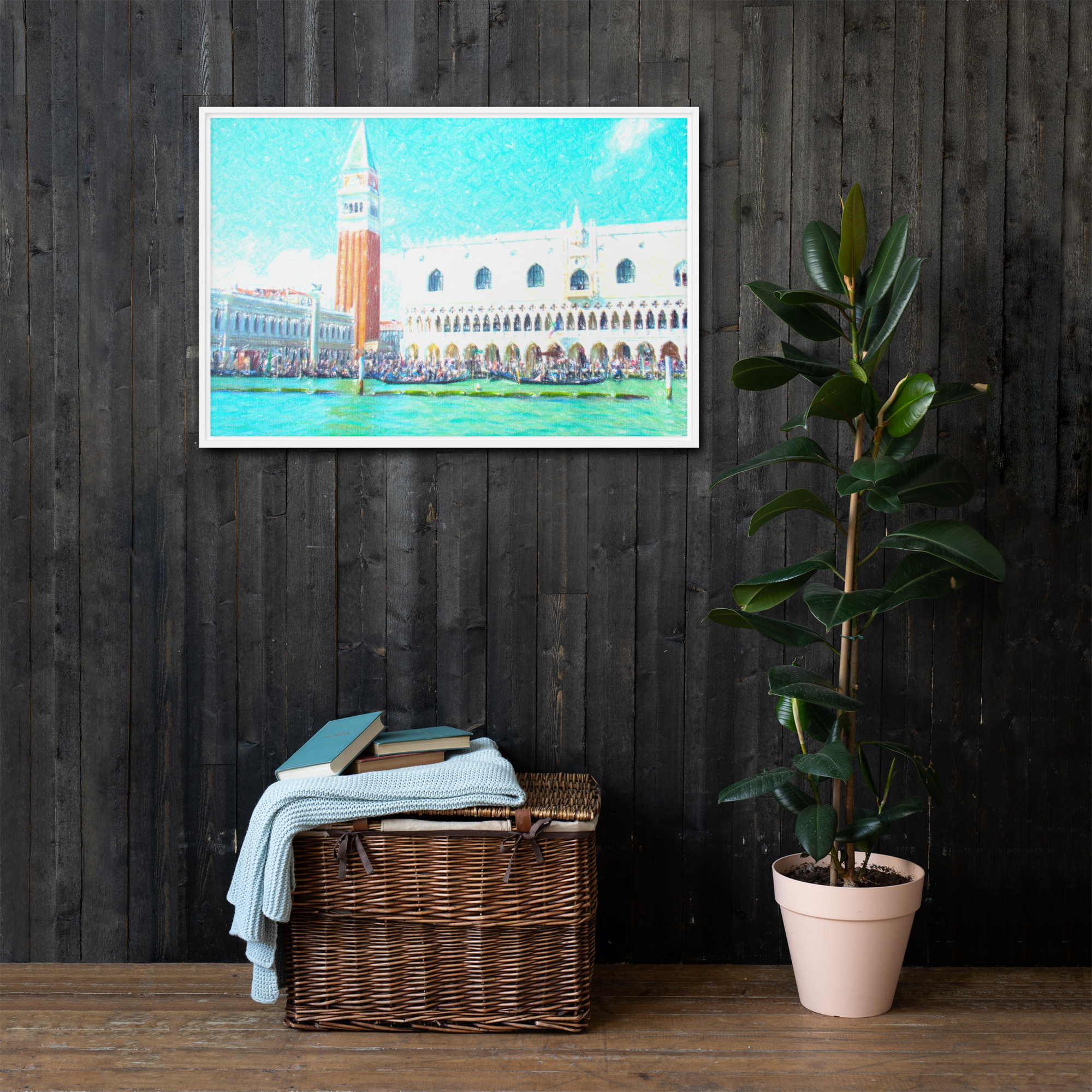 Piazza San Marco Venezia Campanile e Palazzo Ducale laguna gondole quadro su tela cornice Marco Consiglio repaint artistico