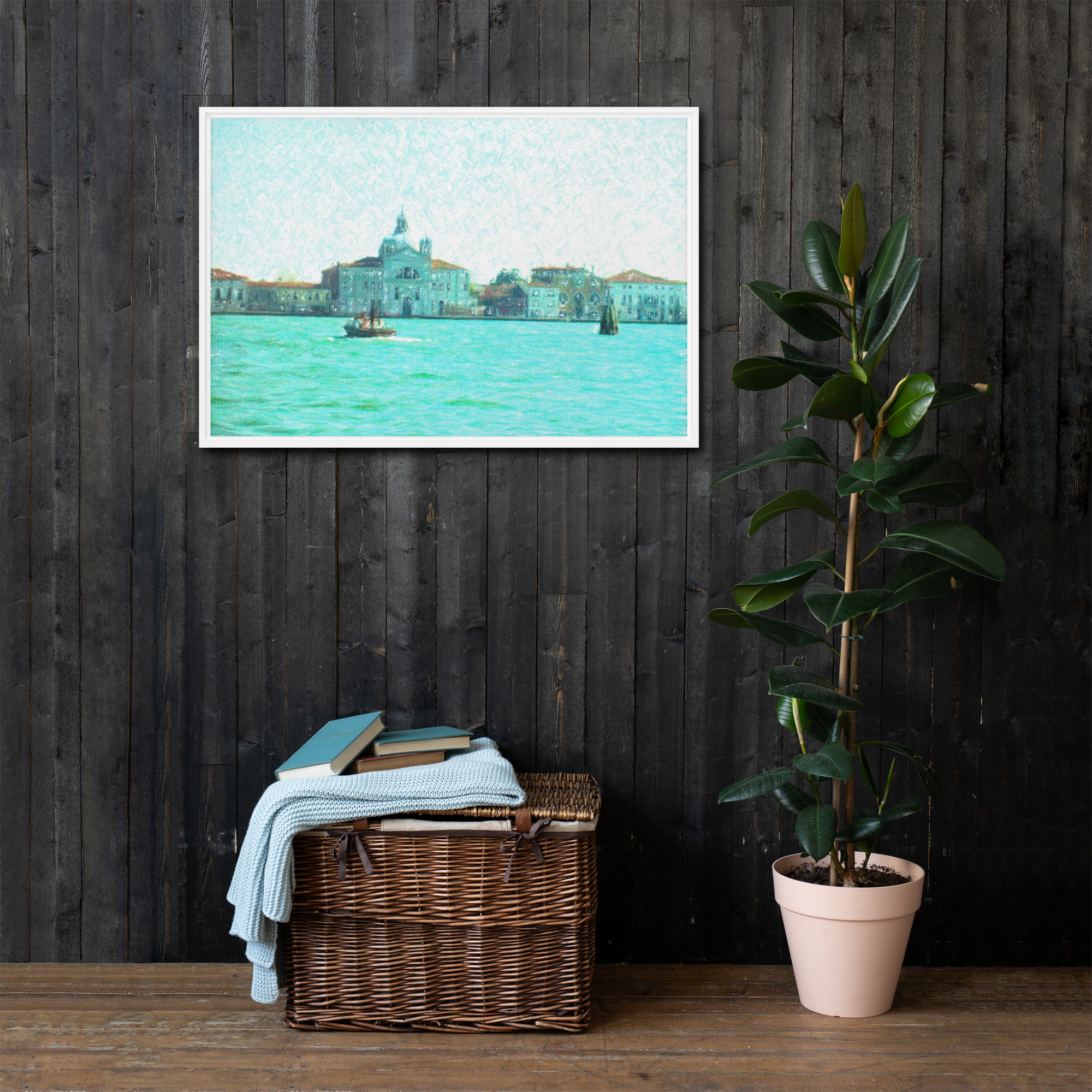Canale della Giudecca San Giorgio Venezia barca laguna veneziana quadro tela con cornice repaint Marco Consiglio